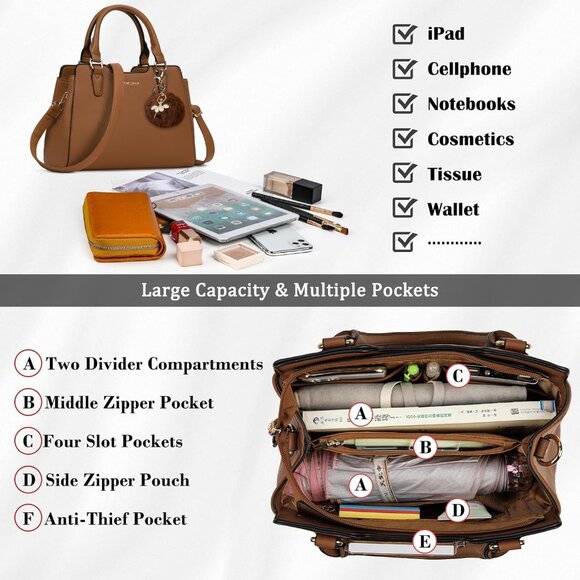 Womens Brown PU leather Top-Handle Waterproof Anti Theft Leather Purses Handbag - Picture 2 of 7